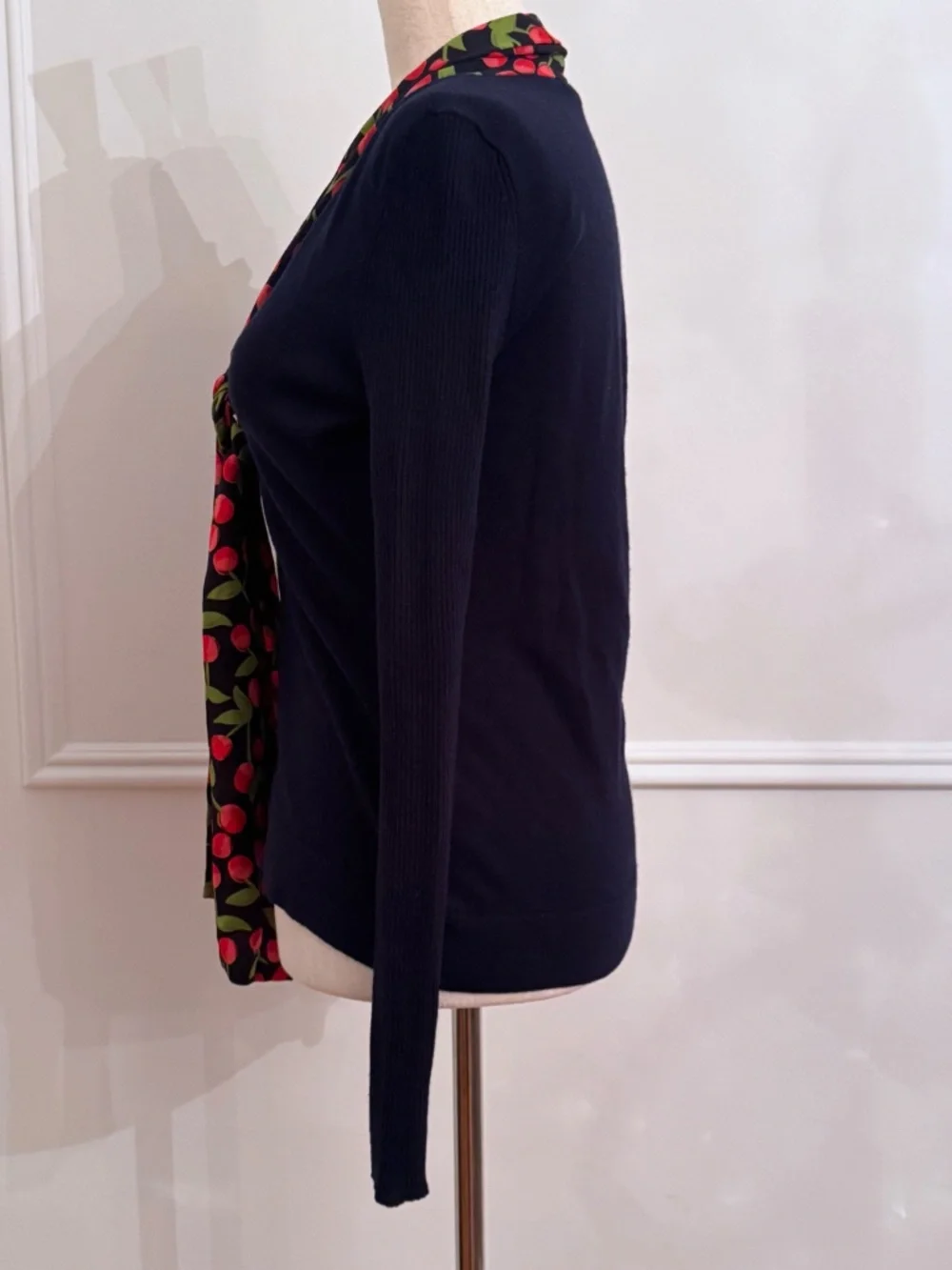Tory Burch Navy Cardigan Cherry Print Silk Tie Cashmere Cotton XS